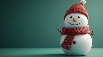 Cheerful snowman wearing a red hat and scarf on a green background