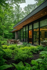 Tranquil Modern House Amid Verdant Forest Serene Patio Retreat with Nature Integration, Luxury Living in Secluded Setting - Ideal for Lifestyle and Architectural Designs