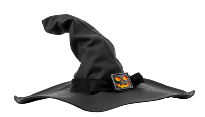 Halloween witch hat on a transparent background, featuring a classic black pointed design with vibrant accents, creating a spooky and festive look for the holiday season.