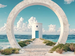 Tranquil Seaside Escape Serene White Archway Overlooking Blue Ocean - Minimalist Vacation Concept