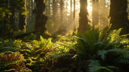 Obraz premium Sunlit Forest Scene Illuminated by Rays Through Leafy Green Canopy 