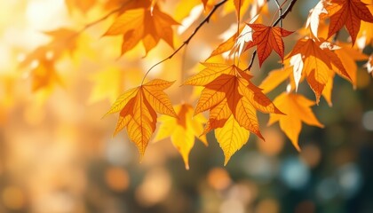 Autumn leaves falling on a bokeh background, showcasing shades of orange, yellow, and brown, highlighting the serene and natural beauty of fall.