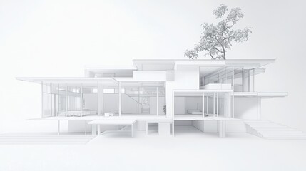 Architectural cutaway of a modern, minimalist home with clean white walls, open spaces, and detailed view of each room for an organized, airy layout.