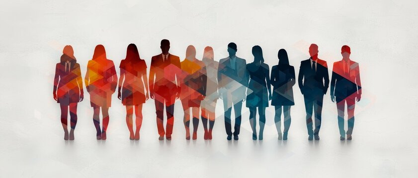Vibrant Unity Abstract Silhouettes of Diverse People in Line on Textured Surface with Ethereal Light - Conceptual Teamwork and Connection Illustration