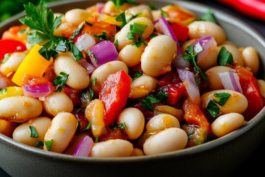 Vibrant White Bean Salad Delight Close-Up Macro View of Fresh, Colorful Ingredients in Ceramic Bowl on Dark Surface - Healthy Eating Concept