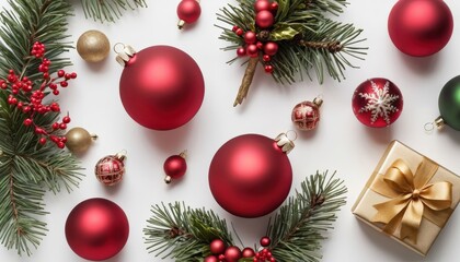 Christmas wonderland scene with red and gold baubles,  gifts, pine cones, and holly leaves on a white canvas, creating a joyful, minimalist holiday look.