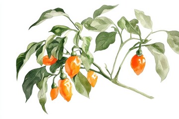 Watercolor illustration of a habanero pepper plant branch with ripe orange habanero peppers hanging, ideal for seed packaging or food labels