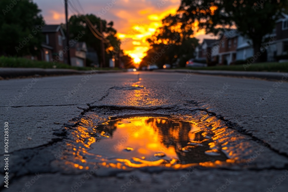 Poster sunlight reflecting on water as it flows toward a drain, creating a glowing, warm effect, capturing 