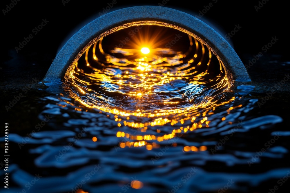 Aufkleber sunlight reflecting on water as it flows toward a drain, creating a glowing, warm effect, capturing 