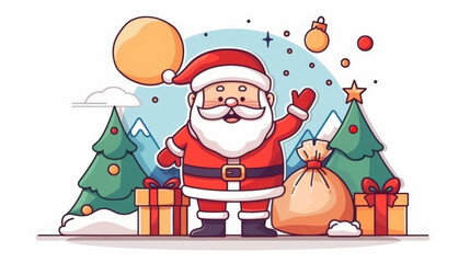 Cheerful Santa Claus icon waving with his signature bag and gifts, surrounded by festive trees and mountains, spreading holiday joy and warmth