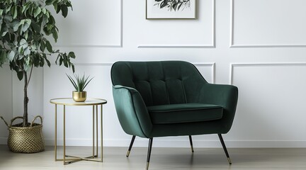 On the right side of the frame, a single green armchair is paired with a side table, creating a stylish yet simple arrangement. 