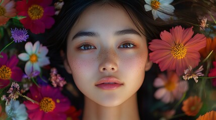 Beautiful Asian woman at peace amidst a bed of colorful wildflowers