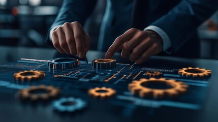 Fototapeta premium Businessman adjusting gears on a digital interface, symbolizing business agility, transformation, and rapid market adaptation in a competitive environment