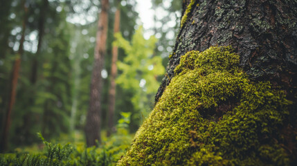 Obraz premium Lush green moss covering a tree trunk in a serene forest landscape