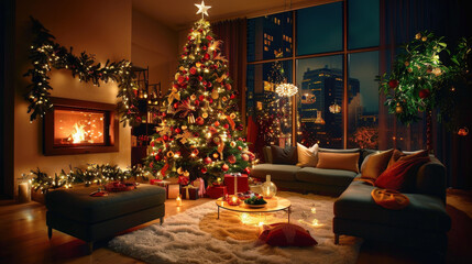 Obraz premium beautifully decorated Christmas tree adorned with colorful ornaments stands in cozy living room, illuminated by warm lights. festive atmosphere is enhanced by glowing fireplace and holiday