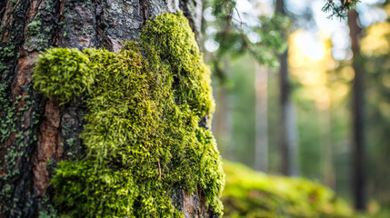 Obraz premium Lush green moss covering a tree trunk in a serene forest during golden hour