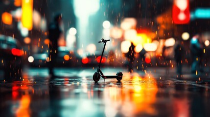 A lone electric scooter stands amidst a vibrant rainy cityscape reflecting lights and colors that create a captivating urban atmosphere.