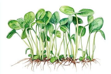 Watercolor painting showcasing bean sprouts with visible roots, ideal for seed packaging or botanical illustrations