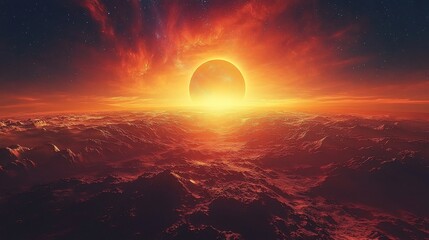 Dramatic fiery sky with a solar eclipse and distant mountains.