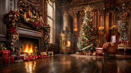 beautifully decorated Christmas scene featuring grand fireplace, stunning Christmas tree adorned with ornaments, and cozy armchair. warm glow of fire creates festive atmosphere filled with joy and