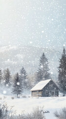Naklejka premium A cozy cabin surrounded by snow-covered trees, softly illuminated by falling snowflakes, creating a tranquil winter scene that captures the essence of Christmas