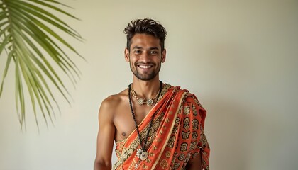 Obraz premium Young man smiling in traditional attire with necklace against a light background