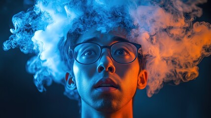 Confused asian man in thought bubble with blue smoke emanating from his head