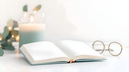 A beautifully arranged concept of journaling, featuring a neatly opened notebook with blank pages ready for 