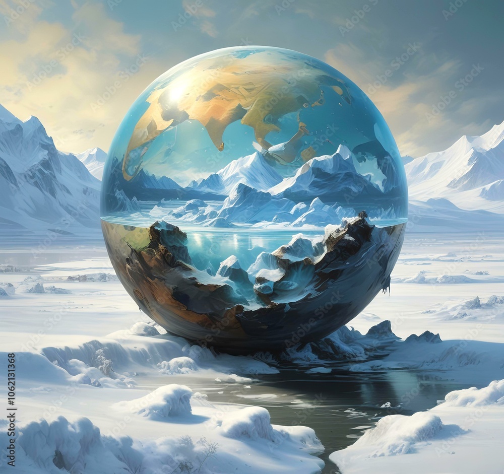 Wall mural illustration of earth planet globe frozen in ice and snow with winter landscape.