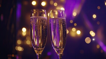 Elegant toast with champagne flutes, purple and gold lights sparkling in the background, celebrating new chapters.