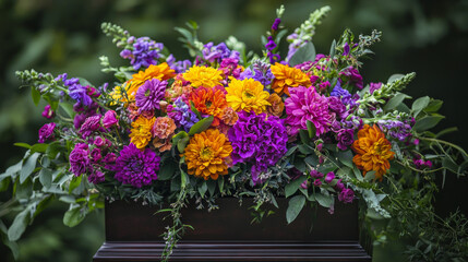 Obraz premium Colorful floral arrangement in a wooden planter during a sunny day