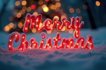 festive merry christmas neon sign with red-orange lights on reflective snow surface