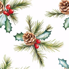 Fototapeta premium A festive pattern featuring pine branches, pinecones, and holly berries on a white background, ideal for holiday-themed designs.
