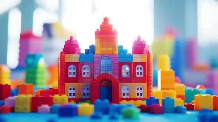 Colorful toy brick castle in a vibrant playroom setting.