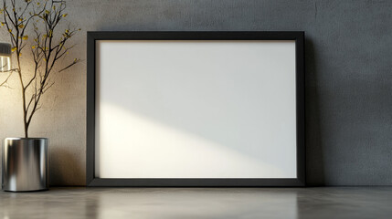 Fototapeta premium Minimalist frame leaning against a textured wall with decorative plant beside it