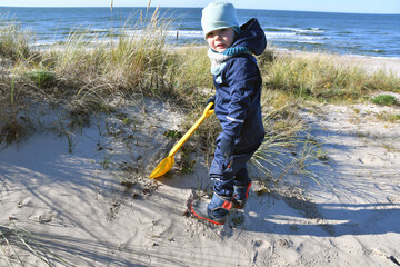 Little boy walking on a sand dune with yellow shovel in autumn