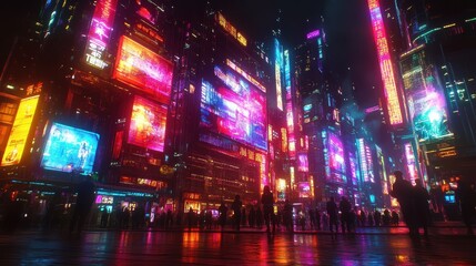High-rise buildings with LED screens displaying the neon vibrant colors light waves in the night sky, people walking on the sidewalk below, modern architecture. cyberpunk art style. Cinematic.