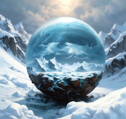 Fototapeta premium Illustration of Earth planet globe frozen in ice and snow with winter landscape.