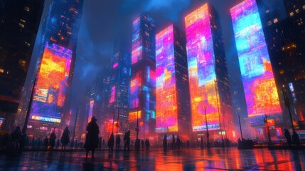 Obraz premium High-rise buildings with LED screens displaying the neon vibrant colors light waves in the night sky, people walking on the sidewalk below, modern architecture. cyberpunk art style. Cinematic.