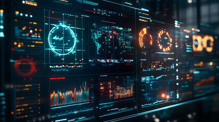 Naklejka premium Futuristic dashboard with colorful data visualizations and graphs