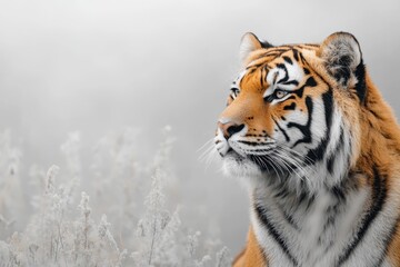 Obraz premium A majestic tiger gazes thoughtfully in a misty landscape during early morning light