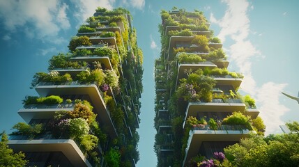 Obraz premium Three Buildings Covered in Lush Greenery with Cityscape in Background