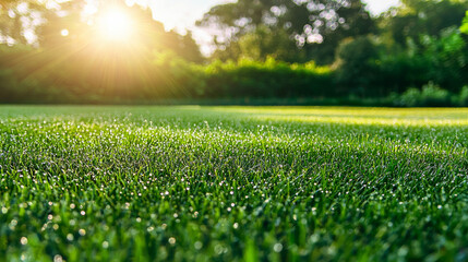 Dew-kissed grass glistens in the soft morning light of a tranquil garden