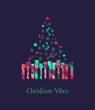 Christmas Vibes Holiday Music colorful icon. Winter Season Holidays Live Music event. Piano, x-mas tree cartoon illustration. Christmas Tunes, Festive Night celebration, performance background