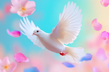 Fototapeta premium A white dove flying among colorful flower petals in a serene atmosphere
