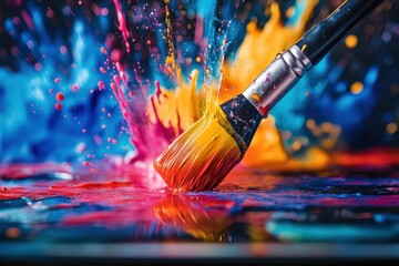 Vibrant paint splashes and brush strokes creating an explosion of color on a canvas
