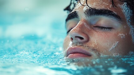Fototapeta premium Relax white man bathing in blue water with her eyes closed