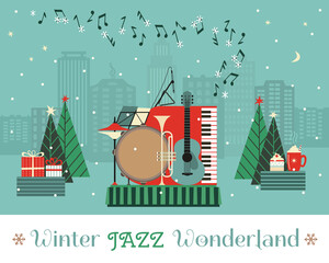 Winter Jazz Wonderland fancy festive poster. Saxophone Live Music cute hand drawn minimal design element illustration. Christmas season Holiday celebration, live concert performance background