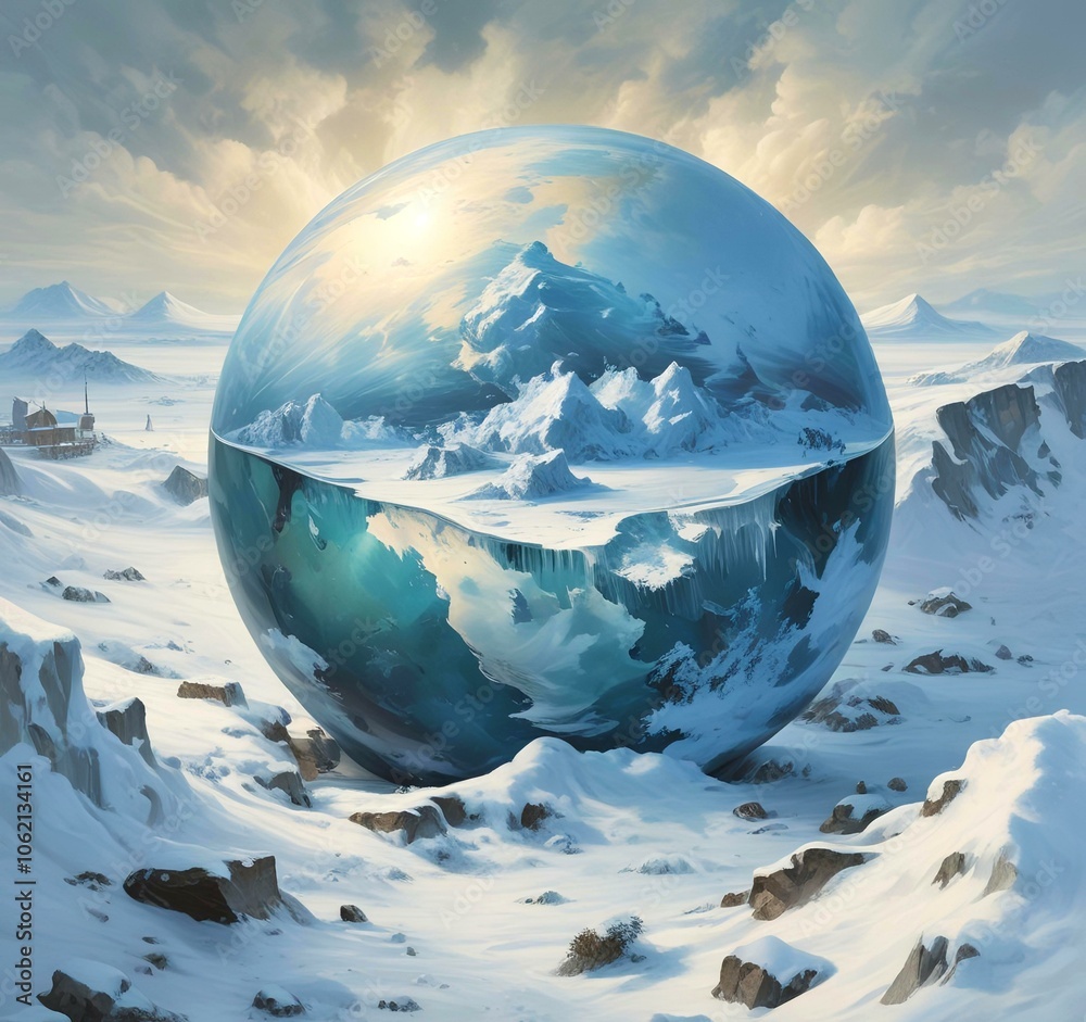 Wall mural illustration of earth planet globe frozen in ice and snow with winter landscape.