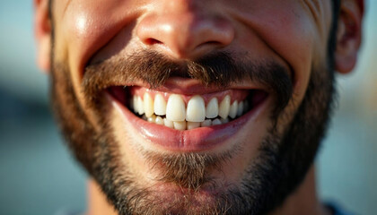 Fototapeta premium A close-up of a man’s smile highlights his warmth and positivity, showcasing texture and confidence.